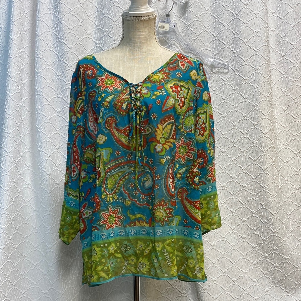 C.L.O.T.H.E.S size 2X Vibrant Paisley Blouse - Blue‎ and Green with gold shimmer